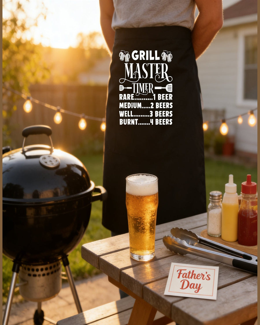 Black Grill Master Timer BBQ apron with beer doneness guide for dad