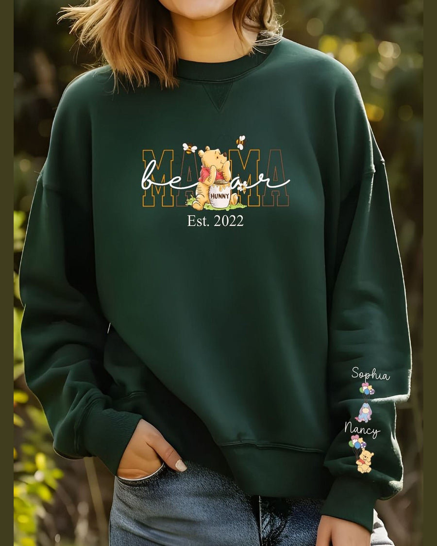 Dark green Mama crewneck sweatshirt with Winnie the Pooh graphic and outdoor lifestyle fit