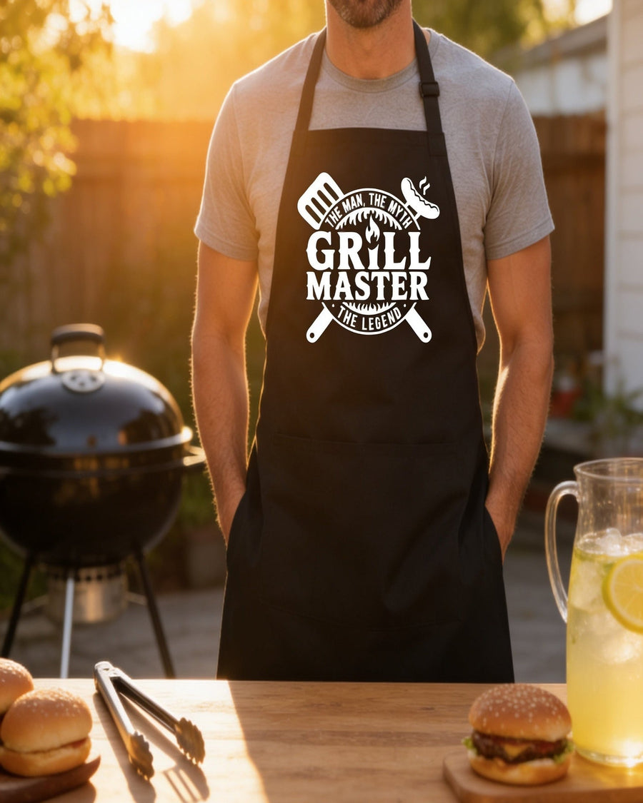 Man wearing black Grill Master apron with vintage BBQ emblem while cooking at backyard grill