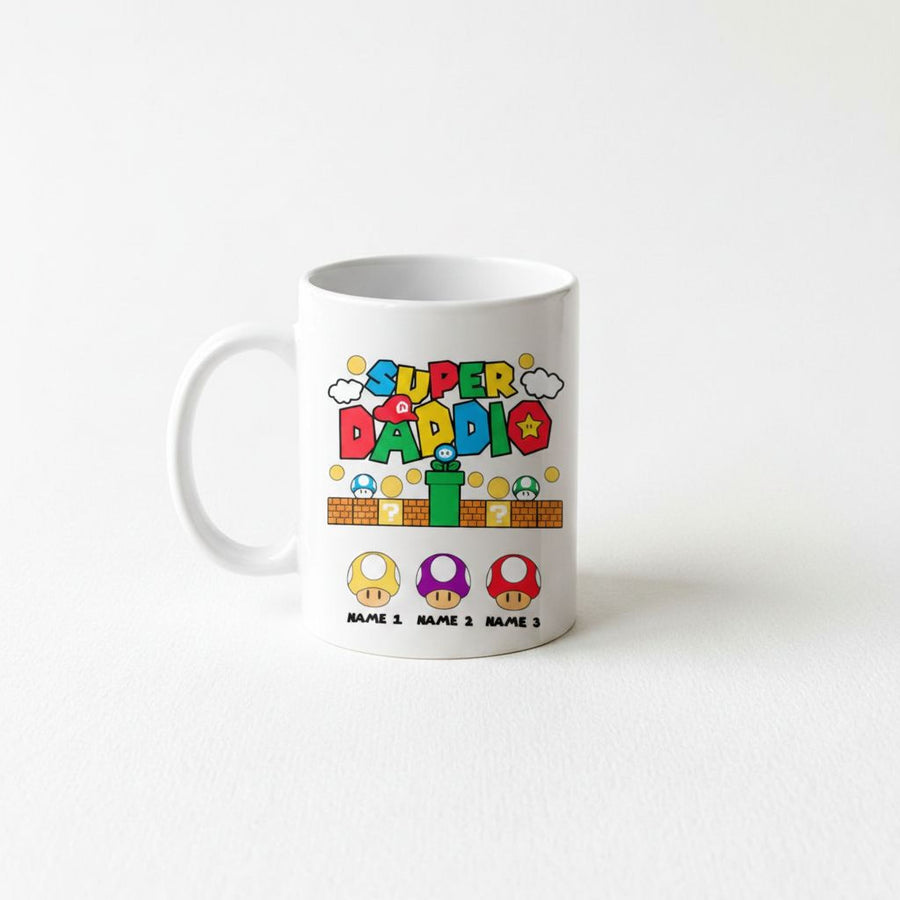 A white ceramic mug with a colorful design featuring the characters from the Super Mario video game franchise.