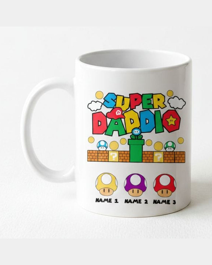 White ceramic Super Daddio personalized mug with placeholder names for three kids