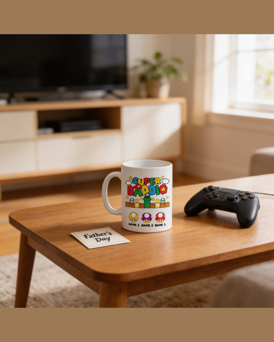 Super Daddio custom Father's Day gift mug on wood table next to gaming controller