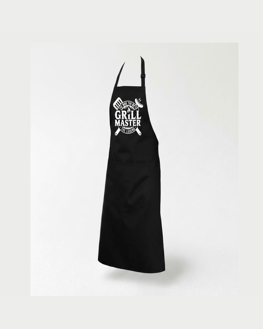 Black cotton Grill Master apron with adjustable neck strap and front pocket featuring bold text