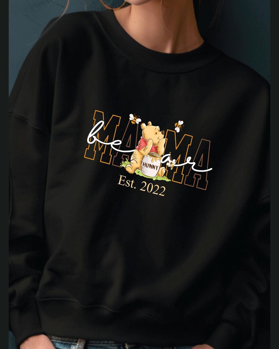 Black Mama crewneck sweatshirt with gold Winnie the Pooh print and Est. 2022 text