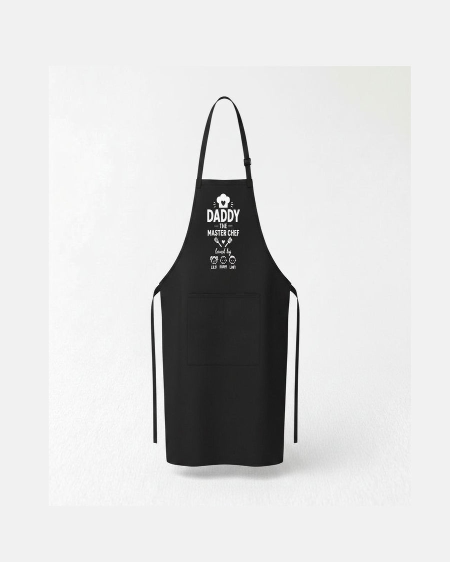 Black personalized Daddy Master Chef apron with custom kids names and white graphic print