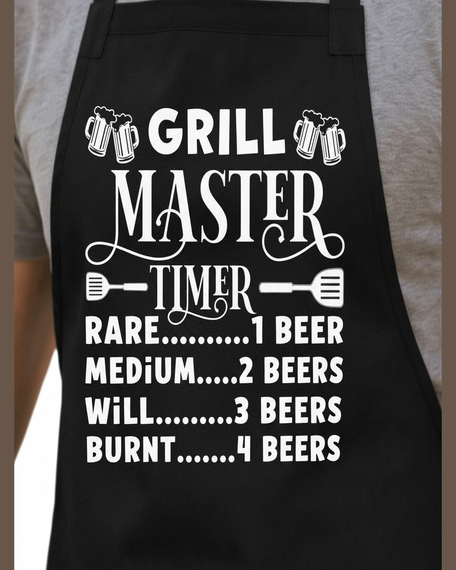 Close-up of black apron featuring white Grill Master Timer beer chart design