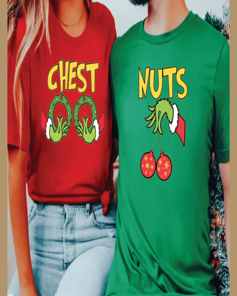Red and green matching couple Christmas t-shirts with Grinch hand holding ornaments design