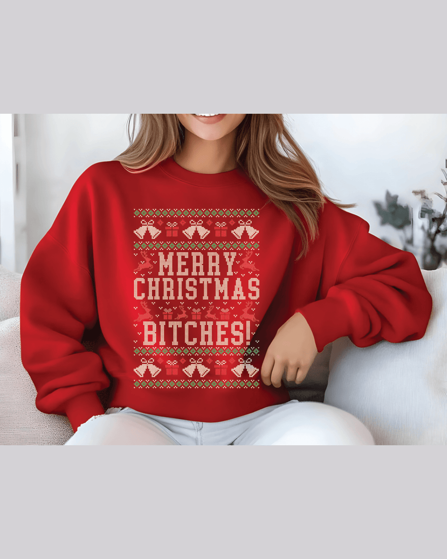 Bright red custom names hoodie with pixel knit-style bells, gifts, and reindeer pattern