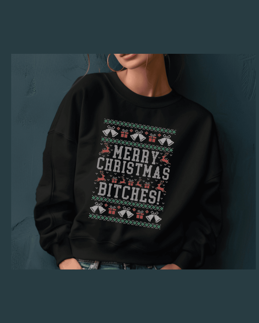 Black crewneck sweatshirt with DTF printed Christmas motifs and humorous holiday slogan for parties