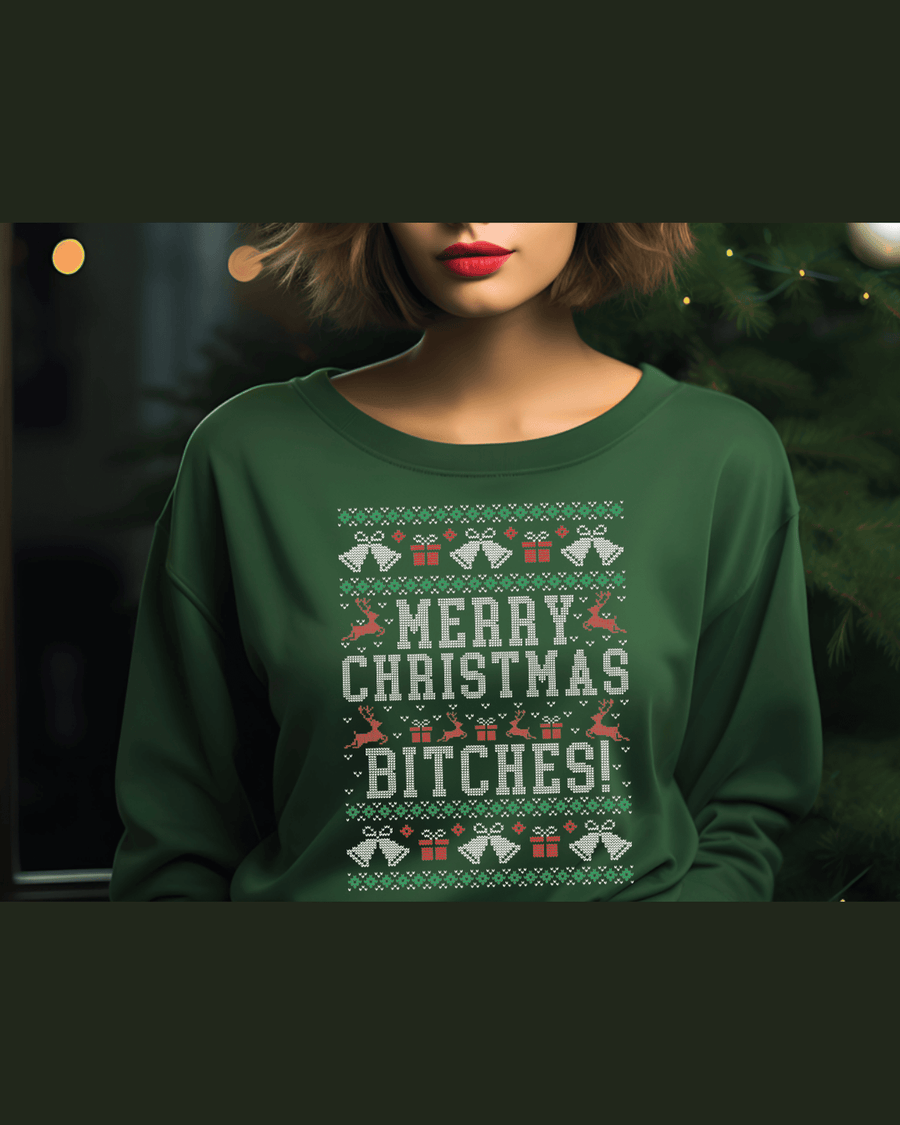 Forest green personalized holiday hoodie featuring festive pixel art design and bold white lettering