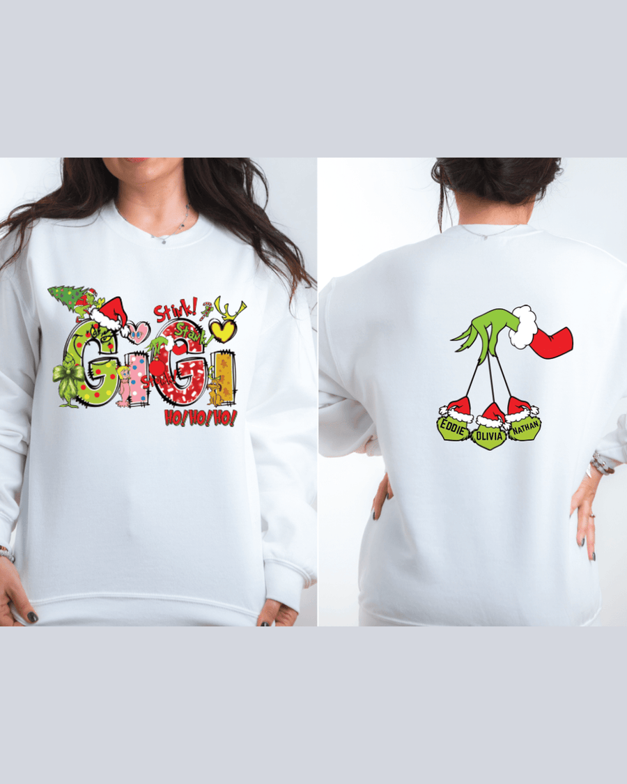 White family matching sweatshirt back with three Grinch heads labeled Eddie Olivia Nathan