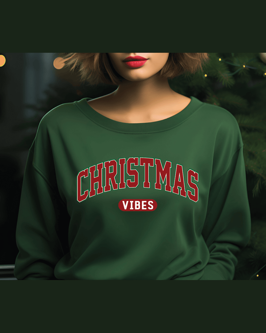 Dark green festive holiday hoodie with arched 'CHRISTMAS VIBES' print for best friend gift