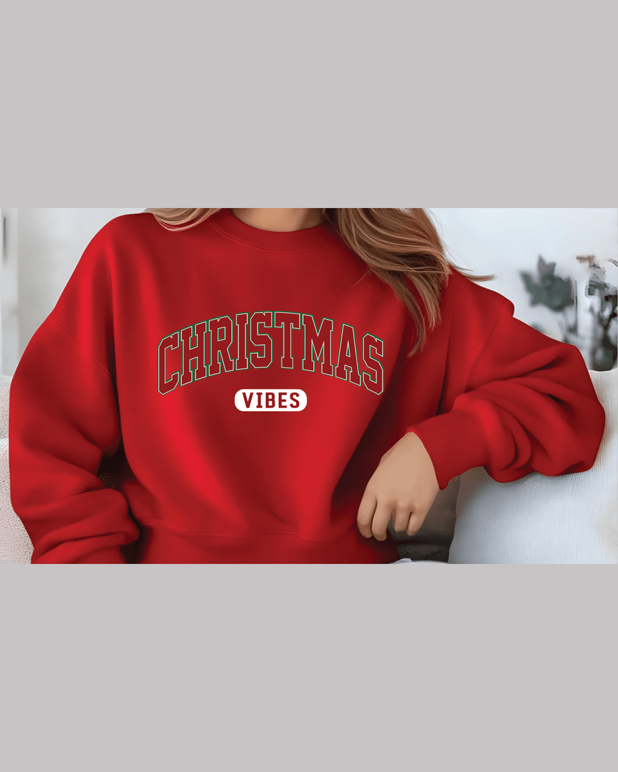 Red custom Christmas hoodie with 'CHRISTMAS VIBES' text for women's holiday matching outfit