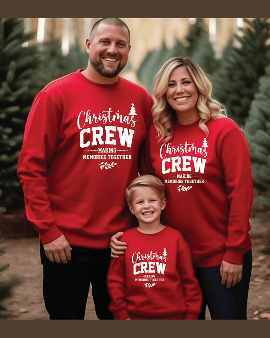 Red matching crewneck sweatshirt for family with white 'Christmas Crew' print