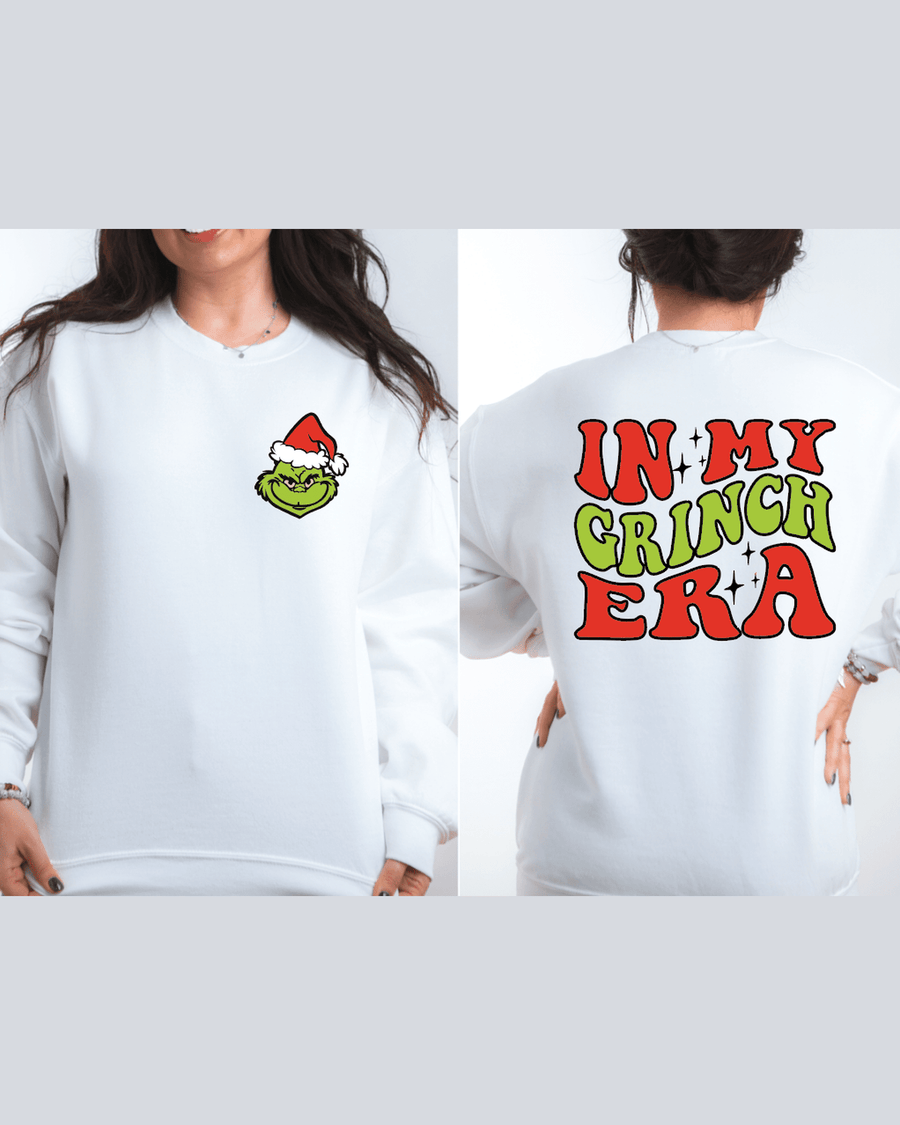 White custom Christmas hoodie with Grinch face and 'In My Grinch Era' back text