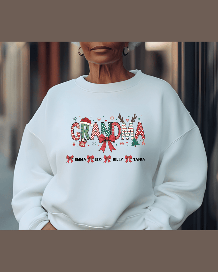 White personalized grandma sweatshirt featuring festive design and names Emma Jess Billy Tania