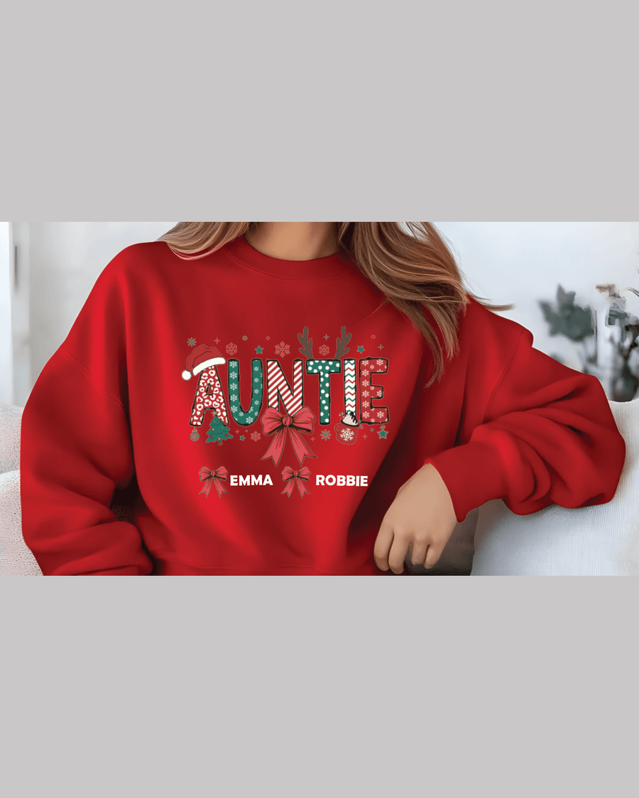 Red custom kids hoodie with 'AUNTIE' holiday graphic and names Emma Robbie
