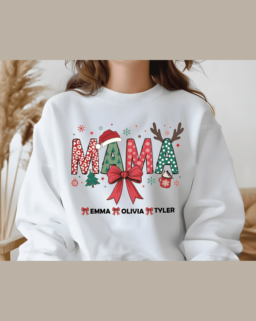 White personalized kids sweatshirt featuring festive 'MAMA' design and names