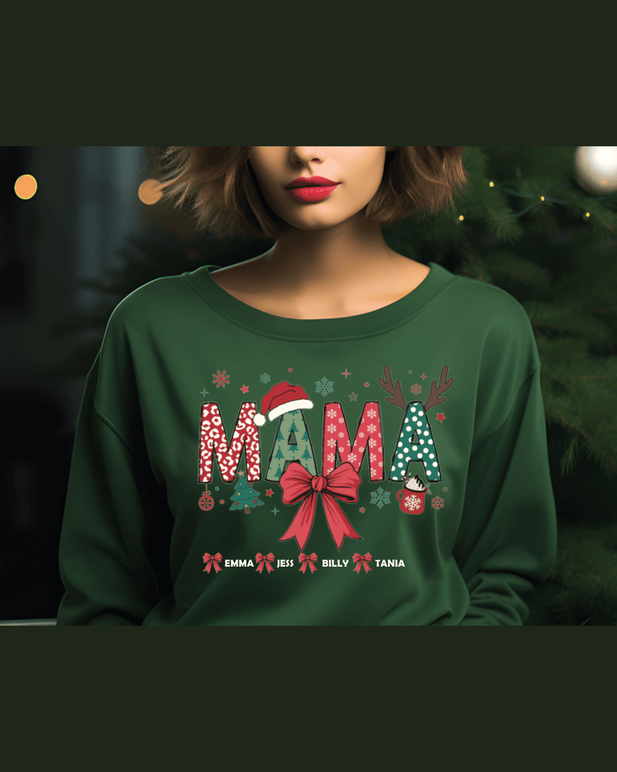 Dark green custom kids Christmas hoodie with 'MAMA' graphic and names