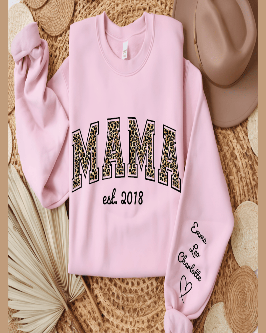 Pink personalized hoodie featuring leopard print MAMA design and embroidered children's names