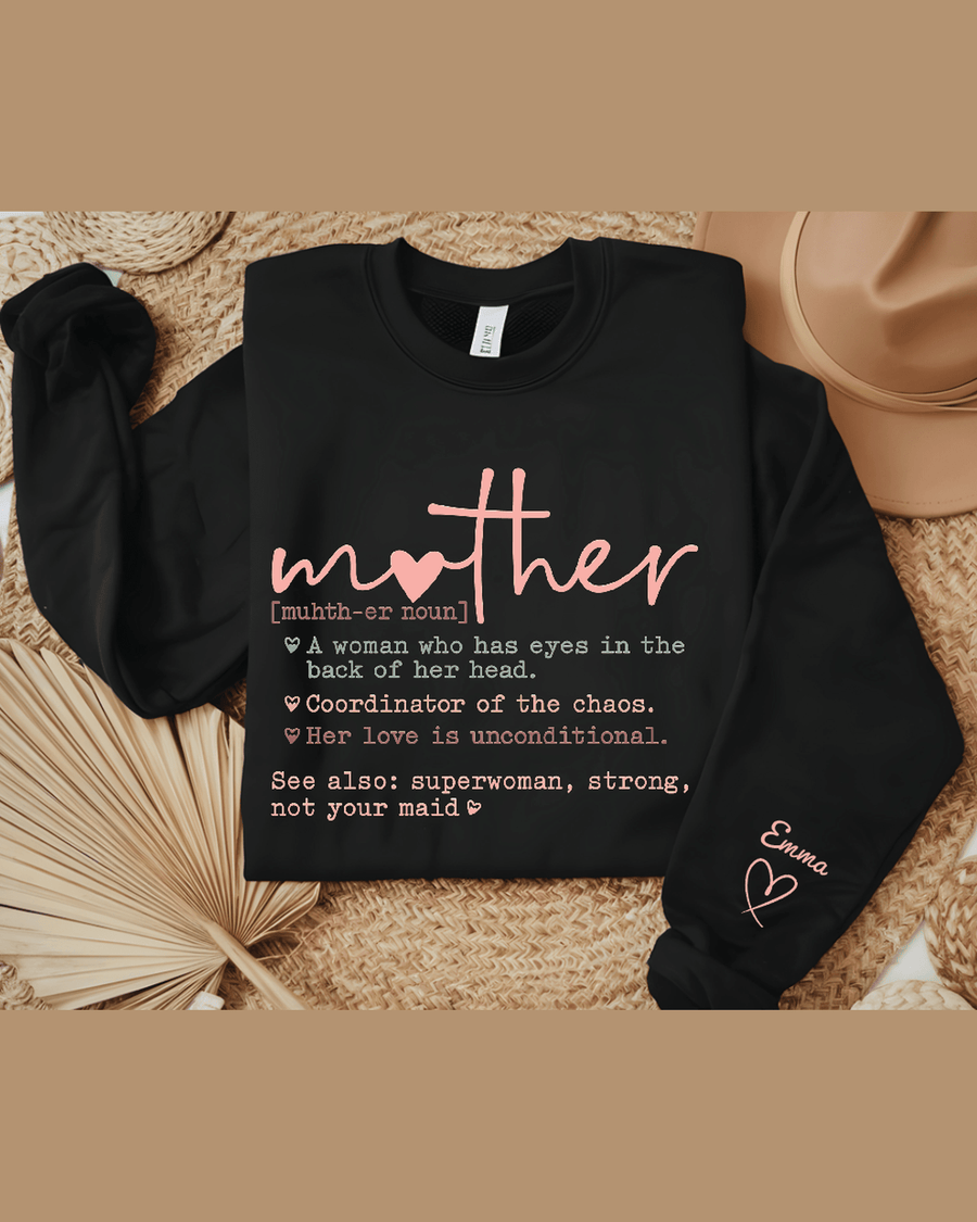 Black mom gift hoodie featuring pink peach dictionary text and embroidered child name on sleeve