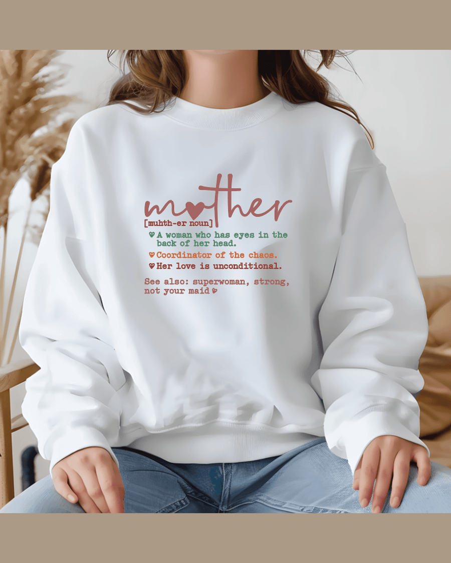 White personalized mother hoodie with dictionary definition graphic and heart 'o' on front
