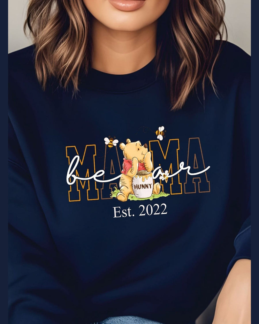 Navy blue Mama crewneck sweatshirt featuring Winnie the Pooh honey pot design and cursive text