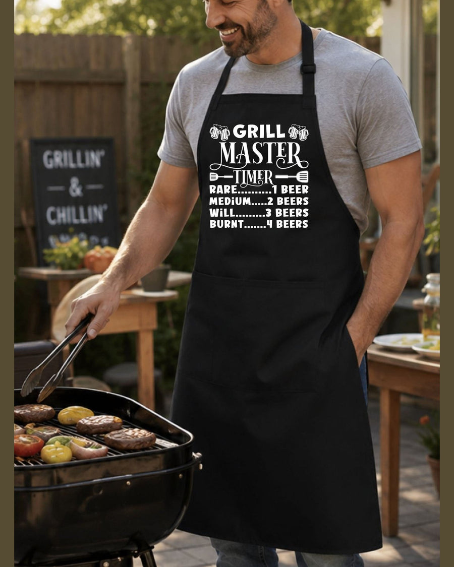 Man grilling burgers in black humorous grill master timer apron