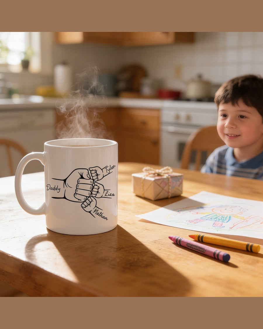 Personalized dad coffee mug with custom family fist bump design and names on white ceramic
