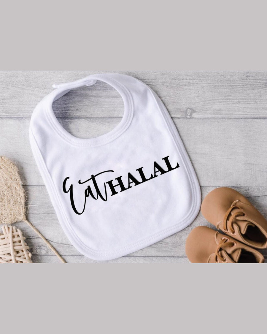 White soft cotton baby bib with Eat Halal text for Muslim toddlers