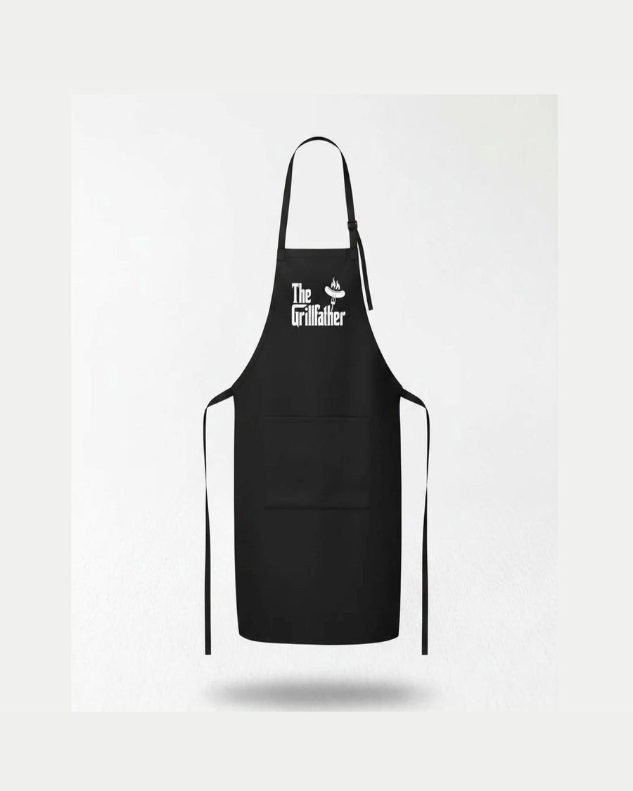 Black The Grillfather BBQ apron with vintage movie-style print and front pocket