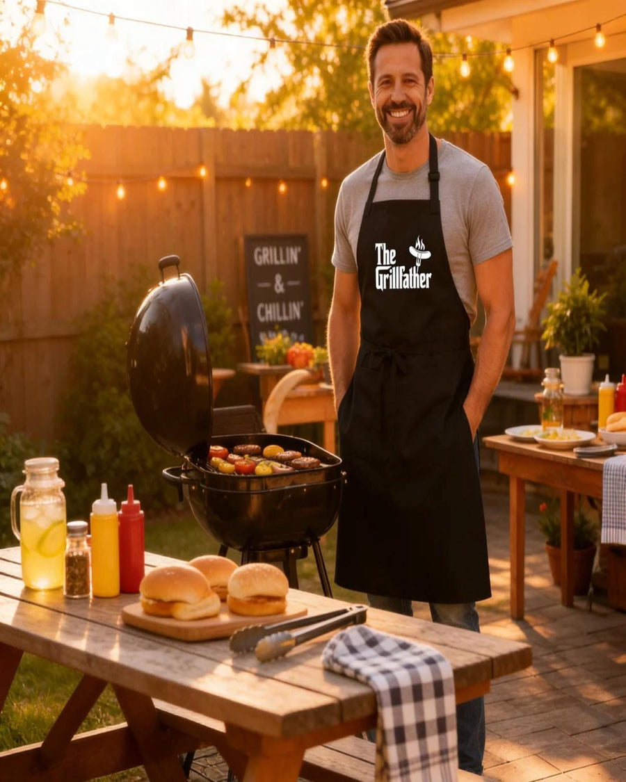 Man wearing funny The Grillfather apron at outdoor backyard cookout party