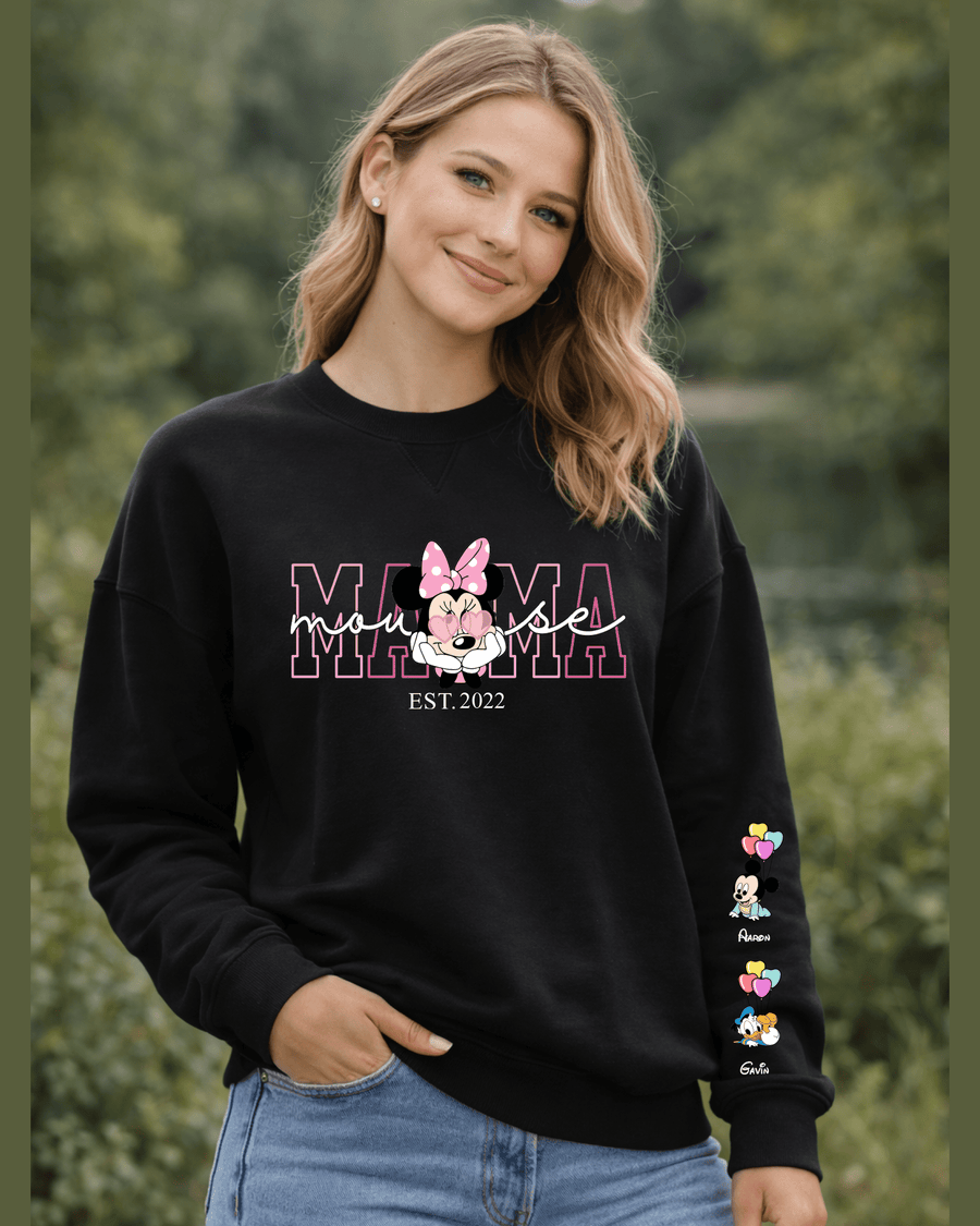 Black crewneck sweatshirt with pink MAMA text and Disney character sleeve names