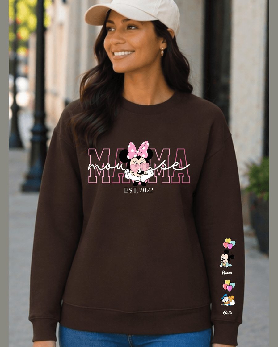 Brown long-sleeve sweatshirt with Minnie Mouse design and Aurora Gavin names