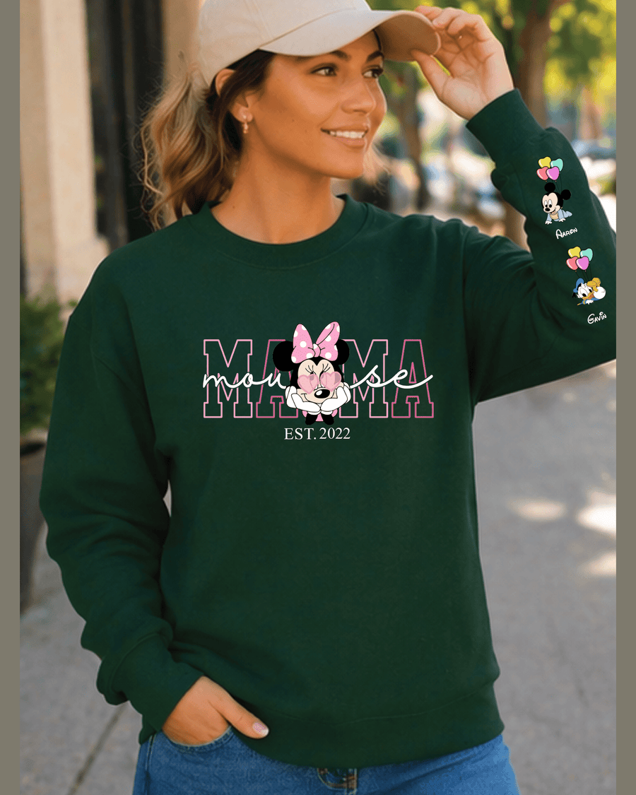 Dark green custom Mama sweatshirt featuring Mickey and Donald Duck character names