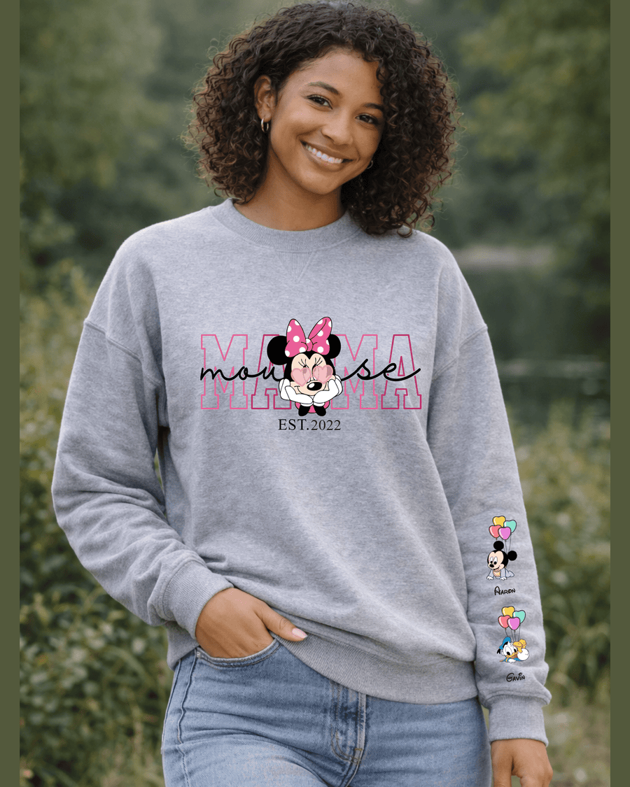 Heather gray crewneck sweatshirt showing trio of baby Disney character names