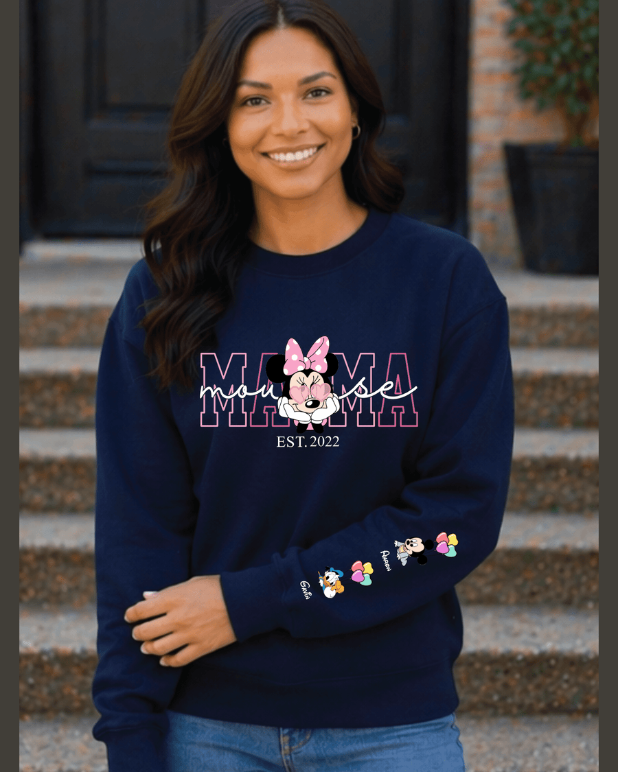 Navy blue custom sweatshirt with ribbed cuffs and three character name options