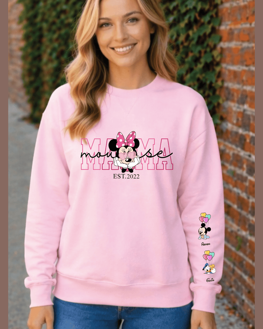 Light pink Mama sweatshirt with Minnie Mouse graphic and children's names on sleeve