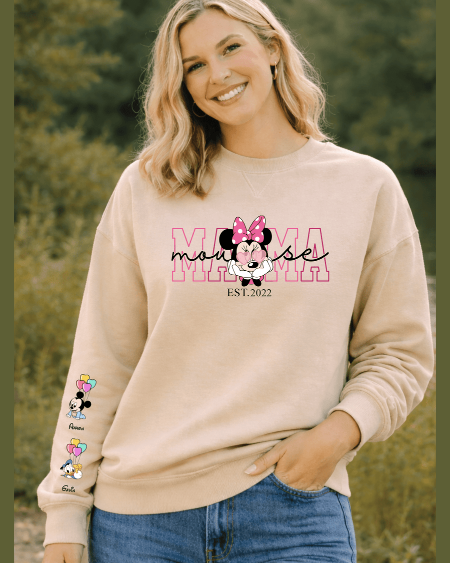 Beige soft cotton-blend sweatshirt with Minnie, Mickey, Goofy character names