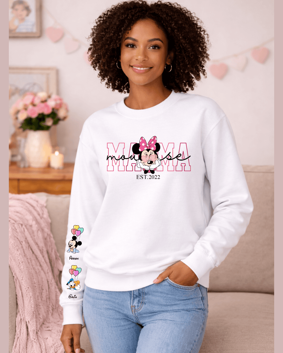 White personalized Mama sweatshirt with Minnie Mouse graphic and kids names on sleeve