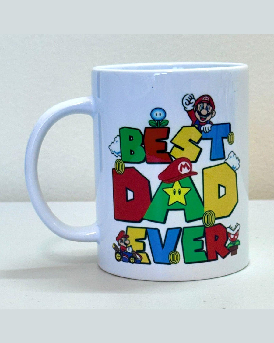 Custom Best Dad Ever retro gaming mug featuring Mario kart and colorful block letters