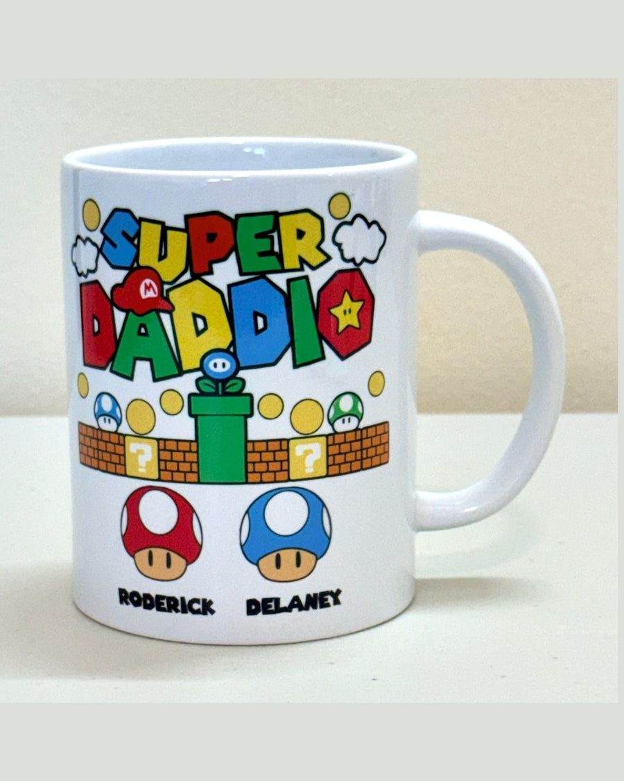 Personalized Super Daddio gamer dad mug with Mario cap, coins, and kids names Roderick Delaney