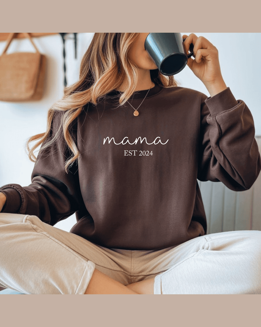 Brown custom name sweatshirt with 'mama EST 2024' chest text and cozy unisex fit