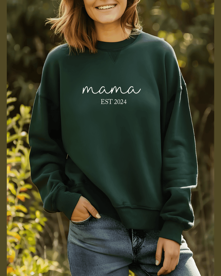 Dark green personalized crewneck hoodie featuring 'mama EST 2024' embroidery for best friend gifts