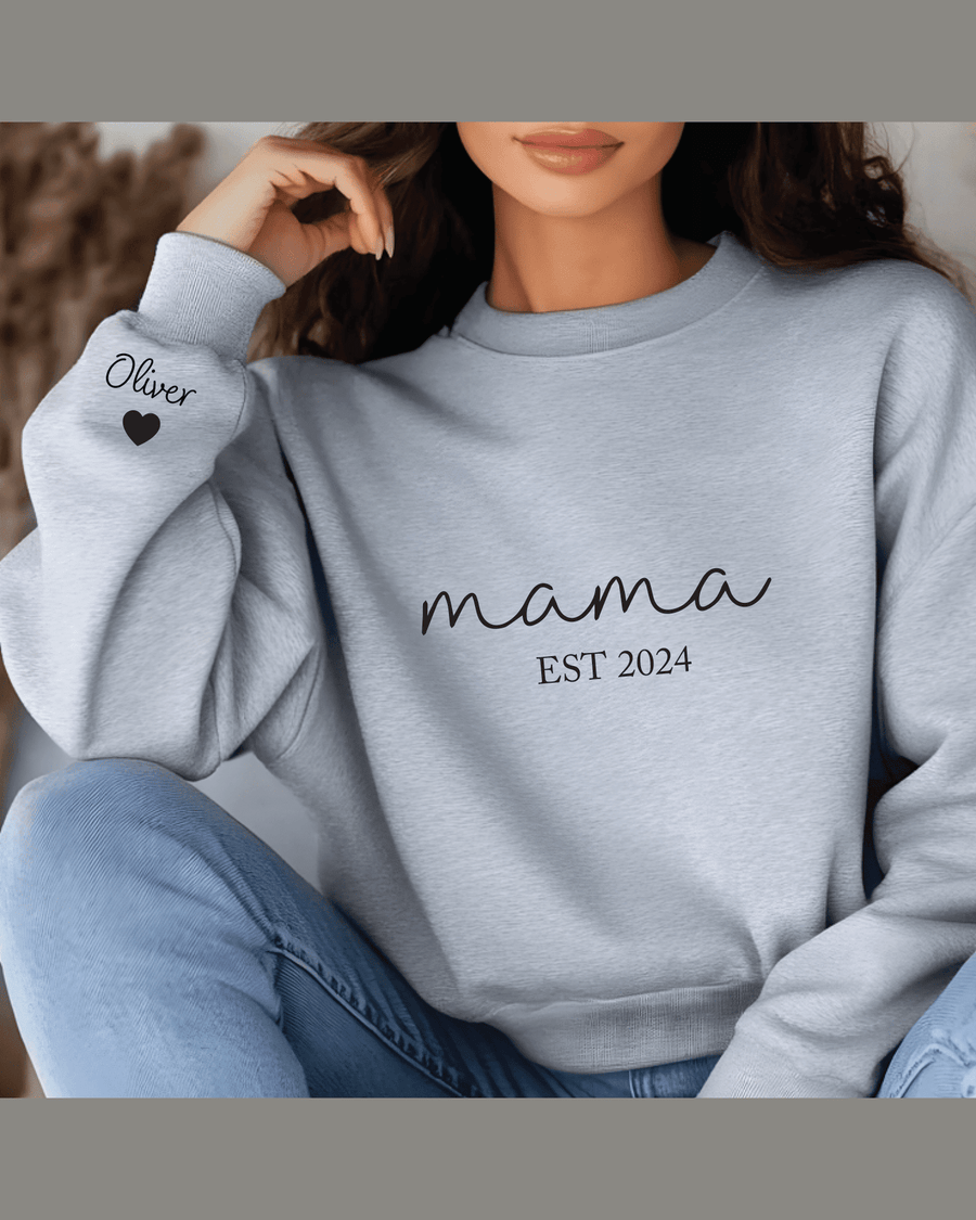 Light heather gray sweatshirt with 'Oliver' heart sleeve detail and 'mama EST 2024' chest print