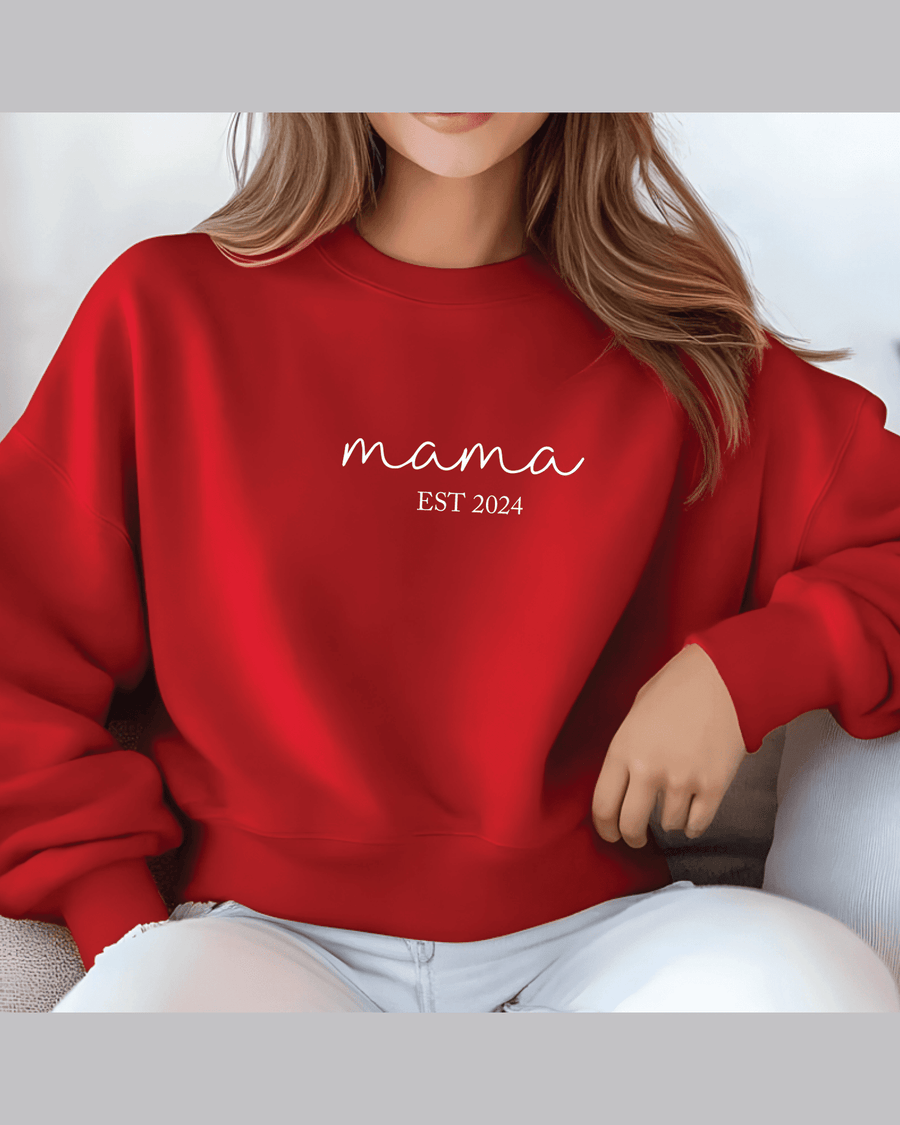 Vibrant red custom name sweatshirt with white 'mama EST 2024' lettering for mothers day gift