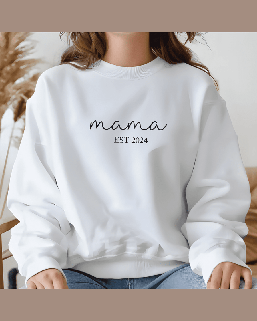 White crewneck sweatshirt with black 'mama EST 2024' text and casual matching wear style