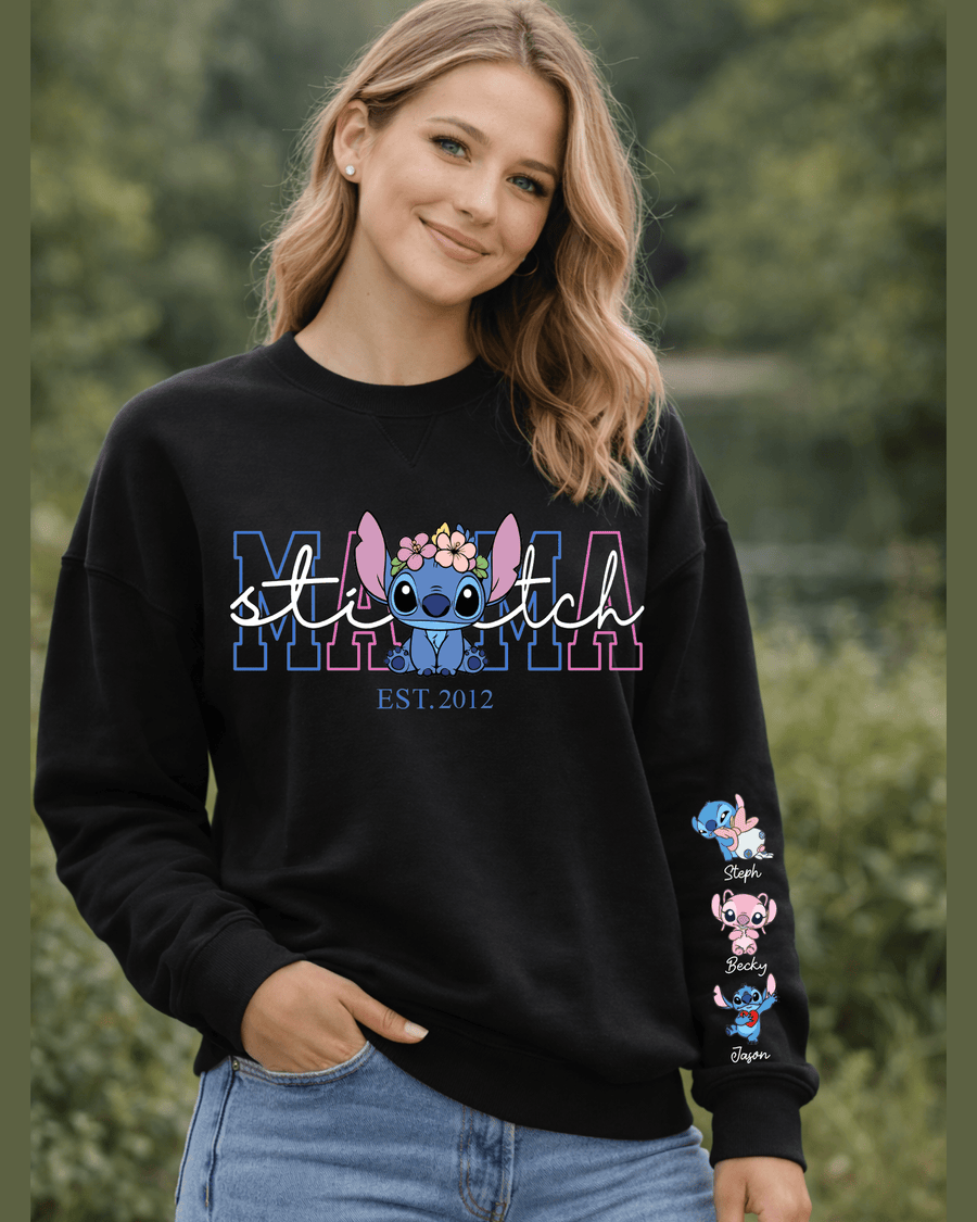 Black personalized mom crewneck sweatshirt with Stitch graphic and children's names