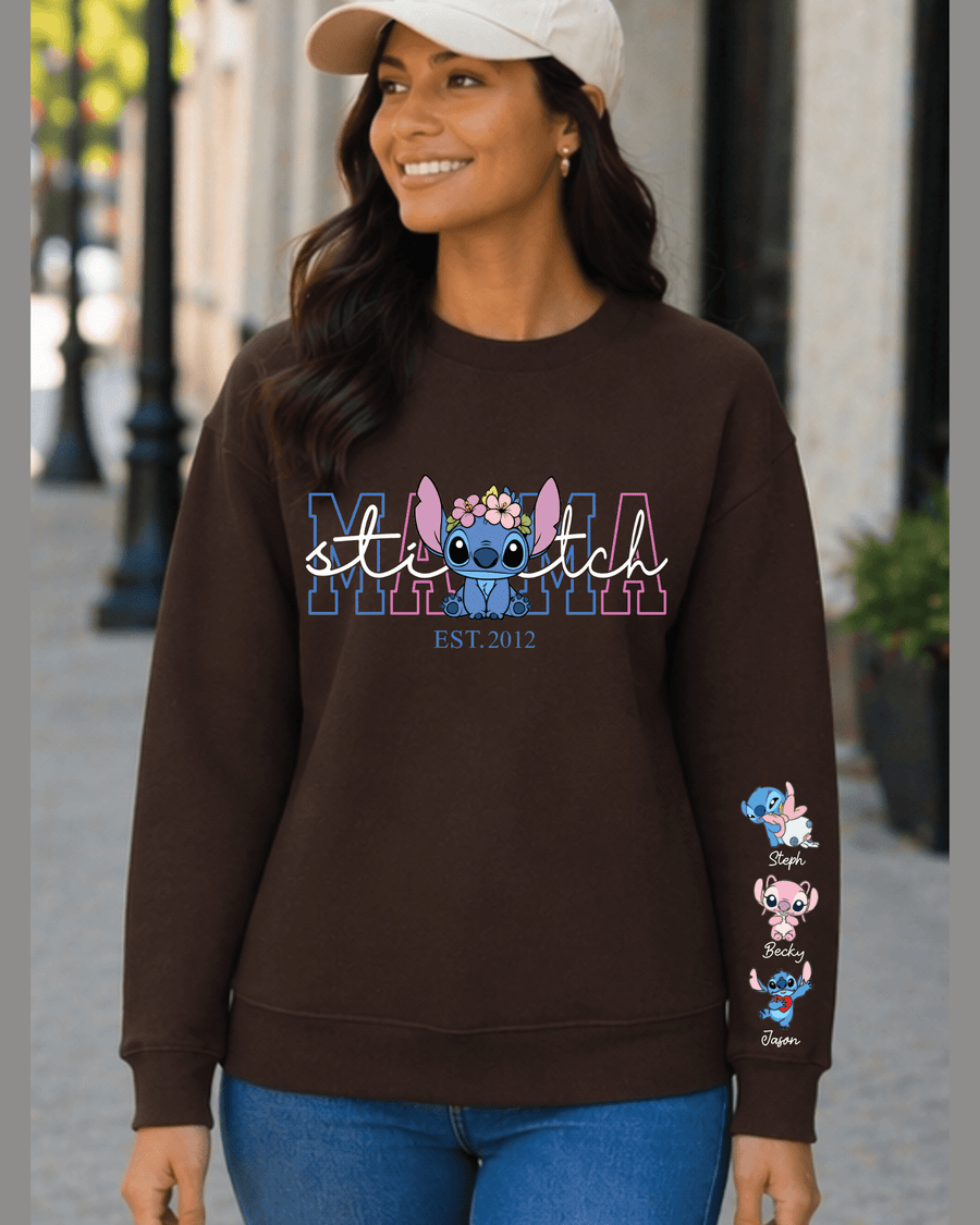 Brown custom Stitch Mama sweatshirt featuring floral crown and kids names on sleeve