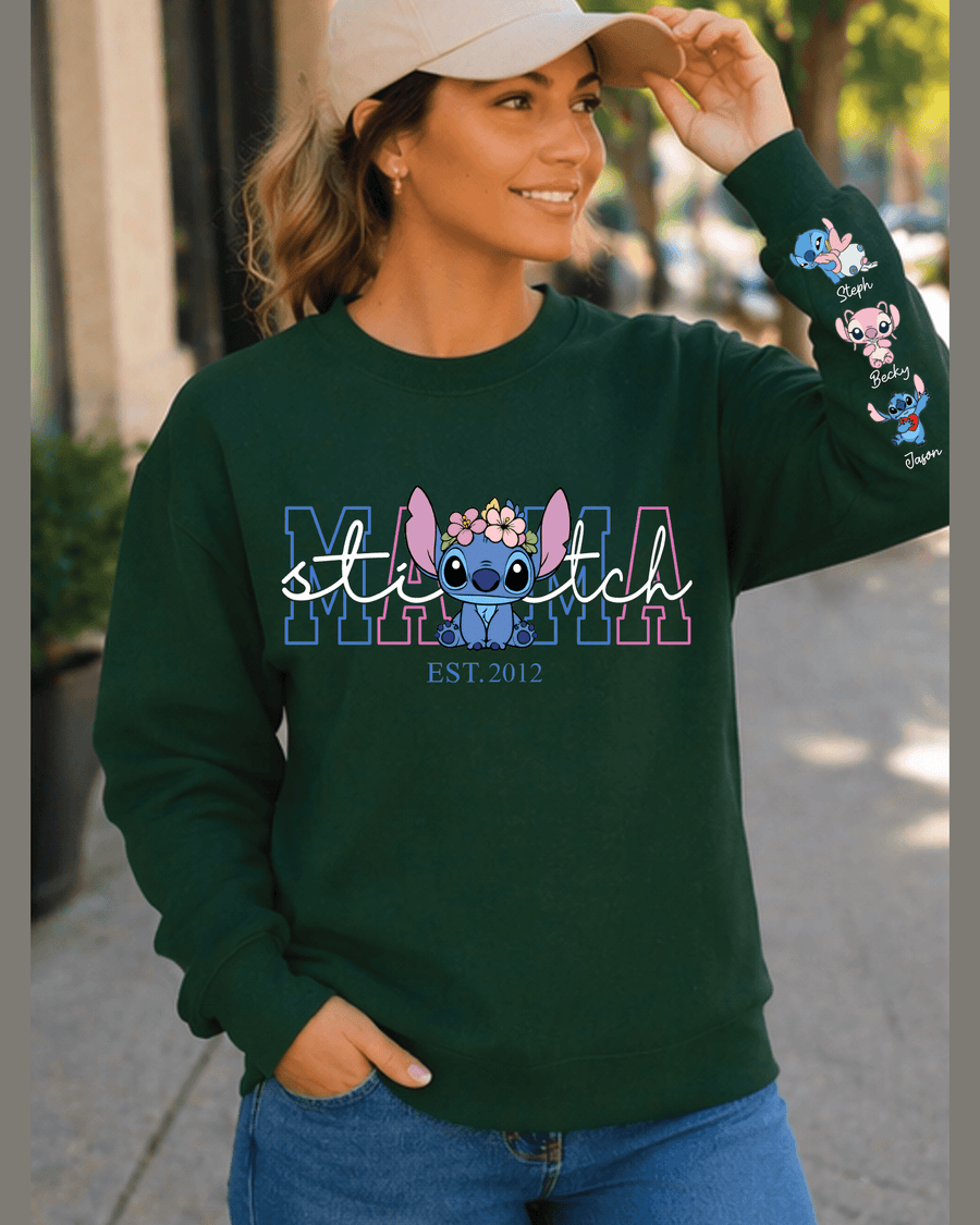 Dark green personalized mom crewneck with Stitch graphic and kids names on sleeve
